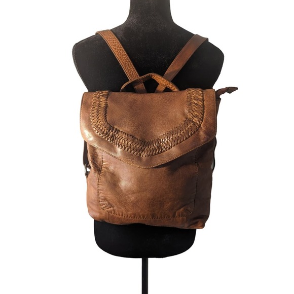 Vilenca Holland Handbags - Vilenca Holland leather V stitch flap backpack cognac brown